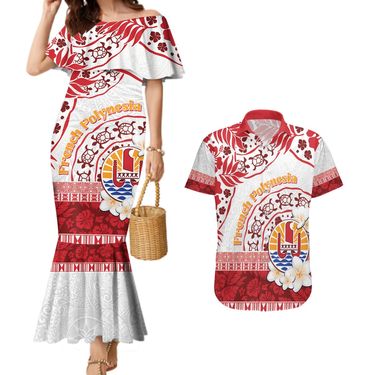 French Polynesia Internal Autonomy Day Couples Matching Mermaid Dress and Hawaiian Shirt Tropical Hibiscus And Turtle Pattern LT05 Red - Polynesian Pride