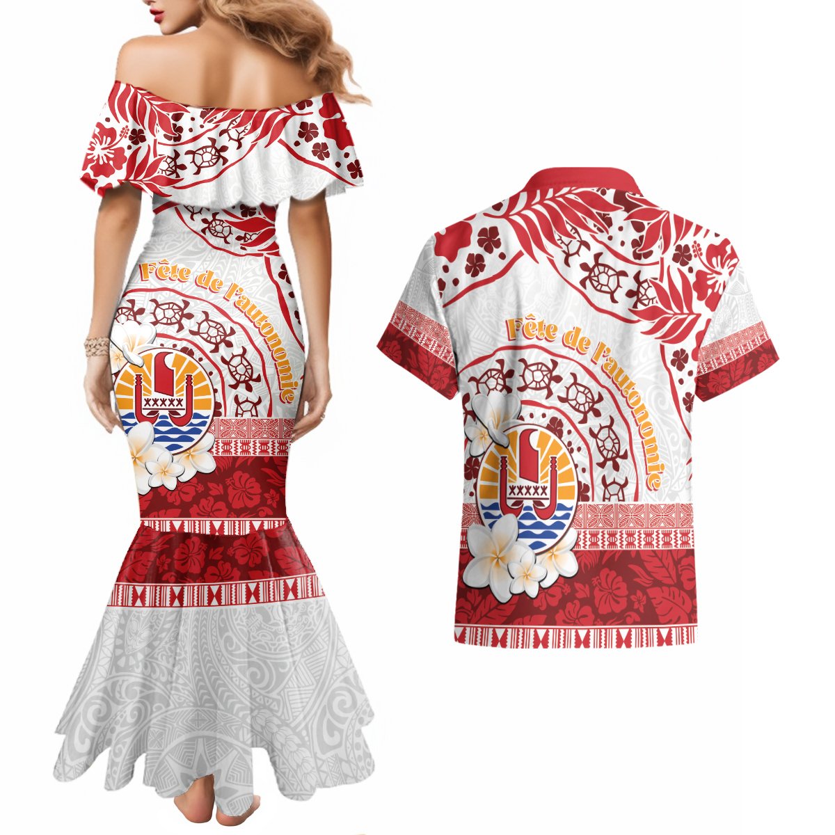 French Polynesia Internal Autonomy Day Couples Matching Mermaid Dress and Hawaiian Shirt Tropical Hibiscus And Turtle Pattern LT05 - Polynesian Pride