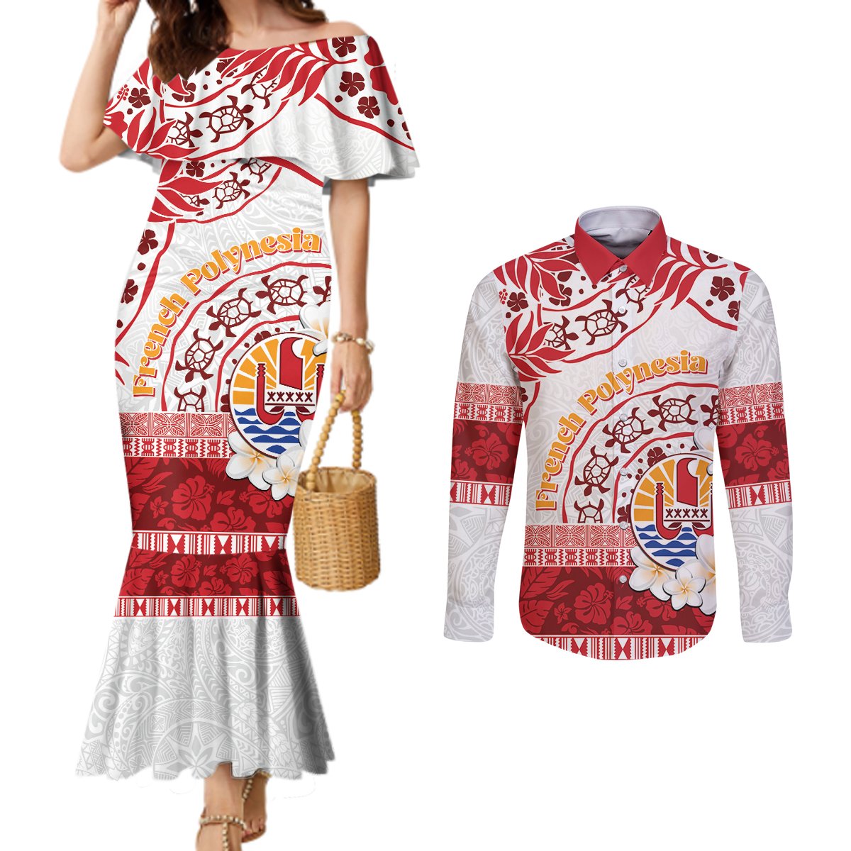 French Polynesia Internal Autonomy Day Couples Matching Mermaid Dress and Long Sleeve Button Shirt Tropical Hibiscus And Turtle Pattern LT05 Red - Polynesian Pride
