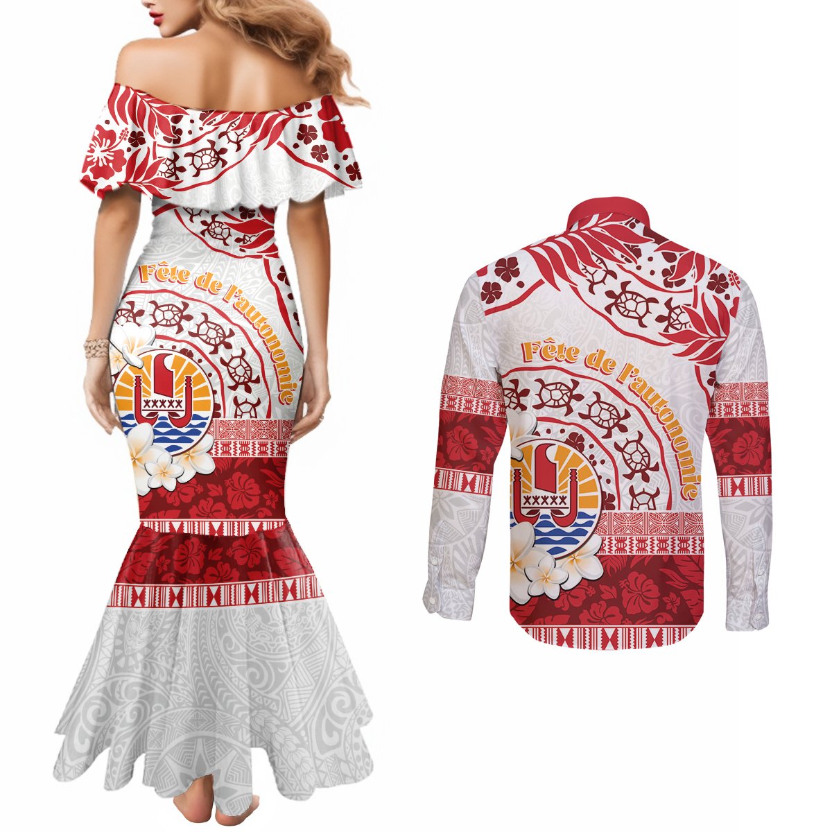 French Polynesia Internal Autonomy Day Couples Matching Mermaid Dress and Long Sleeve Button Shirt Tropical Hibiscus And Turtle Pattern LT05 - Polynesian Pride