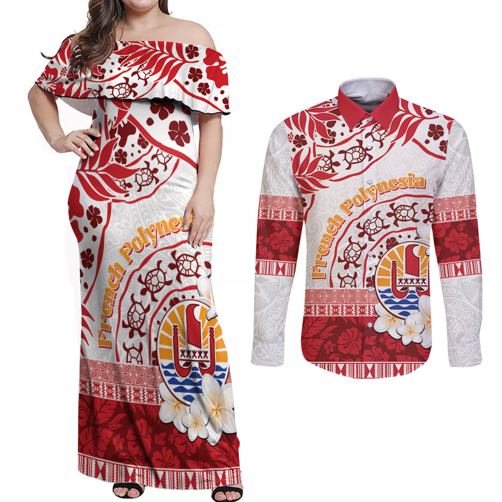French Polynesia Internal Autonomy Day Couples Matching Off Shoulder Maxi Dress and Long Sleeve Button Shirt Tropical Hibiscus And Turtle Pattern LT05 Red - Polynesian Pride