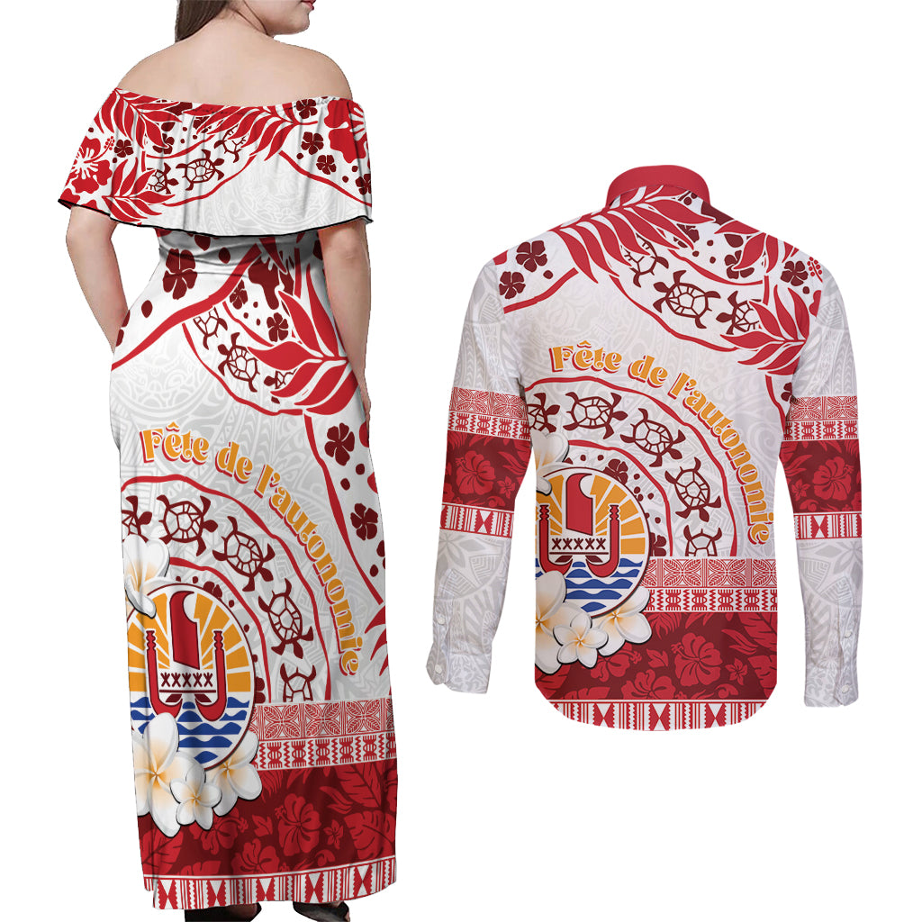 French Polynesia Internal Autonomy Day Couples Matching Off Shoulder Maxi Dress and Long Sleeve Button Shirt Tropical Hibiscus And Turtle Pattern LT05 - Polynesian Pride