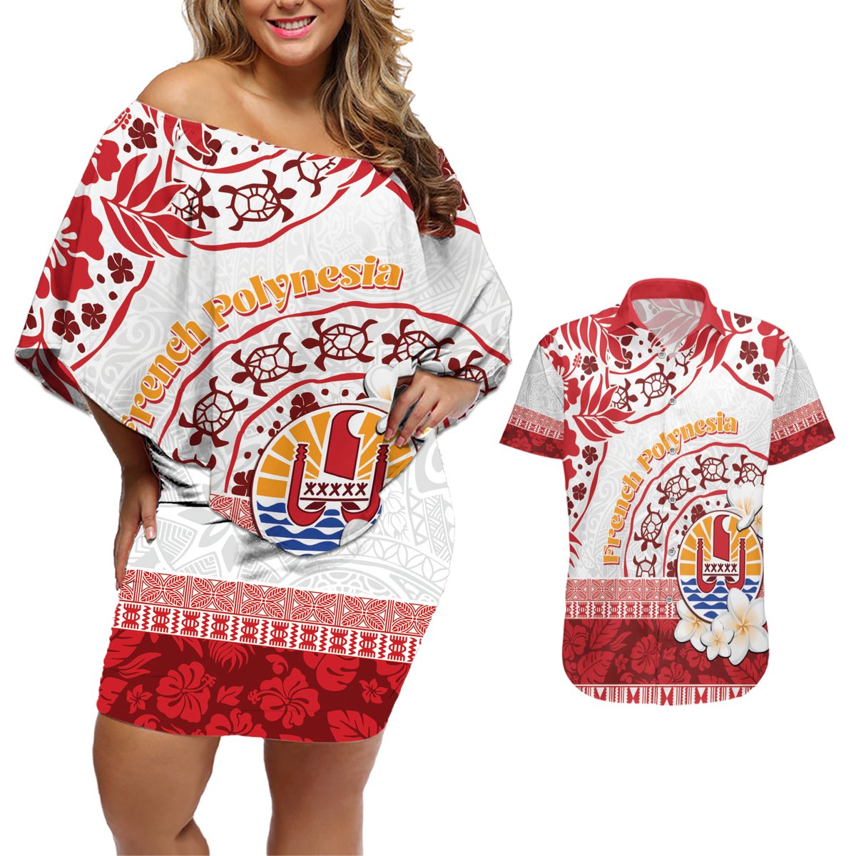 French Polynesia Internal Autonomy Day Couples Matching Off Shoulder Short Dress and Hawaiian Shirt Tropical Hibiscus And Turtle Pattern LT05 Red - Polynesian Pride