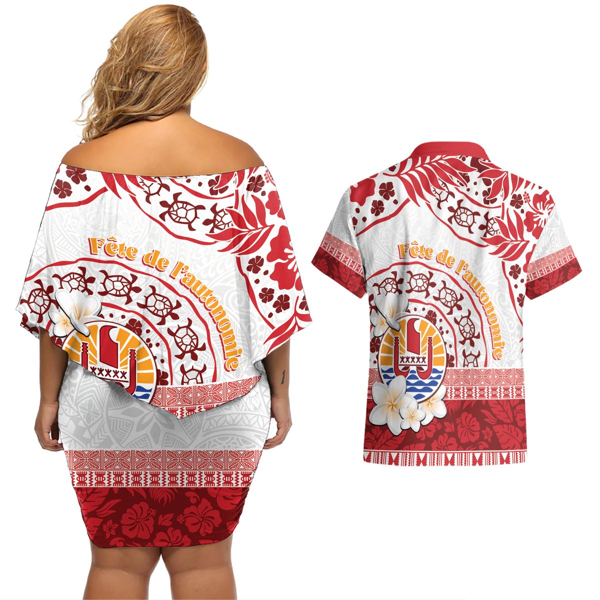 French Polynesia Internal Autonomy Day Couples Matching Off Shoulder Short Dress and Hawaiian Shirt Tropical Hibiscus And Turtle Pattern LT05 - Polynesian Pride