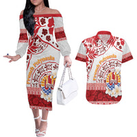 French Polynesia Internal Autonomy Day Couples Matching Off The Shoulder Long Sleeve Dress and Hawaiian Shirt Tropical Hibiscus And Turtle Pattern LT05 Red - Polynesian Pride