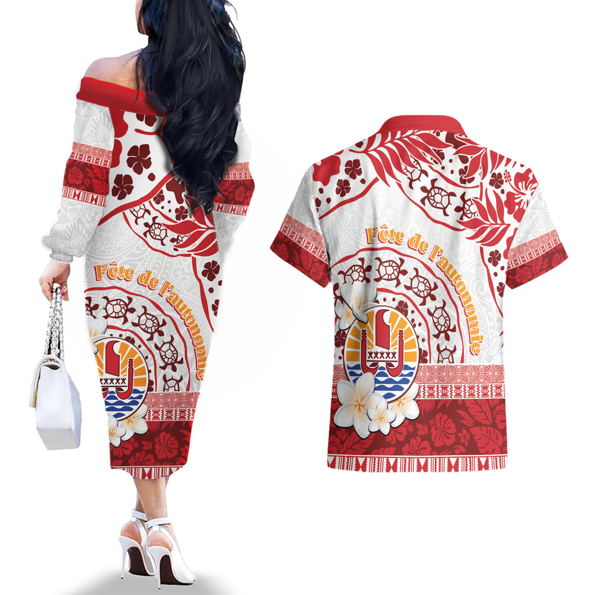 French Polynesia Internal Autonomy Day Couples Matching Off The Shoulder Long Sleeve Dress and Hawaiian Shirt Tropical Hibiscus And Turtle Pattern LT05 - Polynesian Pride