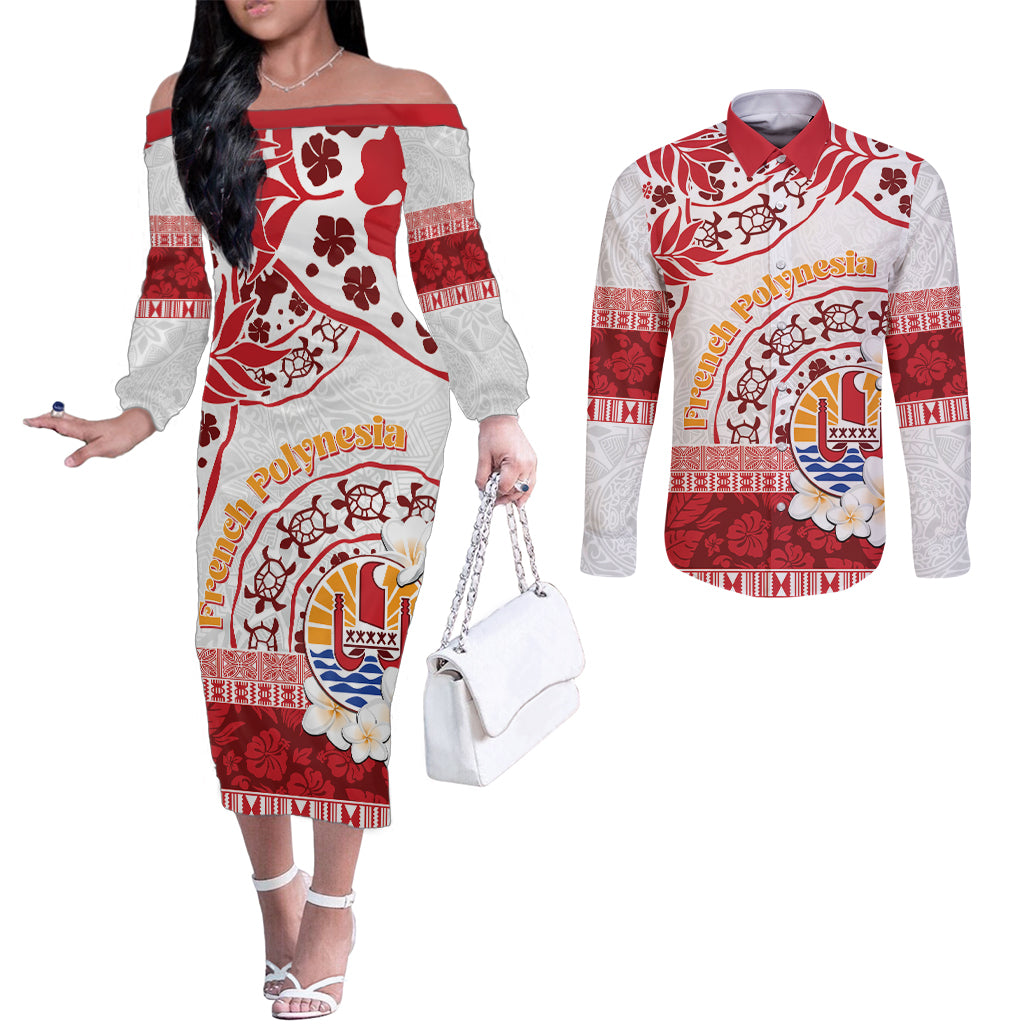 French Polynesia Internal Autonomy Day Couples Matching Off The Shoulder Long Sleeve Dress and Long Sleeve Button Shirt Tropical Hibiscus And Turtle Pattern LT05 Red - Polynesian Pride
