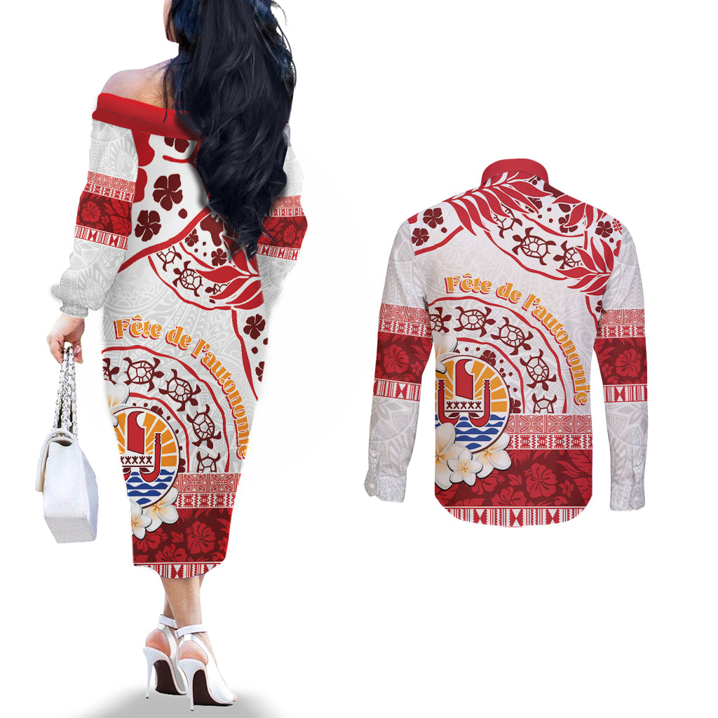 French Polynesia Internal Autonomy Day Couples Matching Off The Shoulder Long Sleeve Dress and Long Sleeve Button Shirt Tropical Hibiscus And Turtle Pattern LT05 - Polynesian Pride