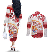 French Polynesia Internal Autonomy Day Couples Matching Off The Shoulder Long Sleeve Dress and Long Sleeve Button Shirt Tropical Hibiscus And Turtle Pattern LT05 - Polynesian Pride