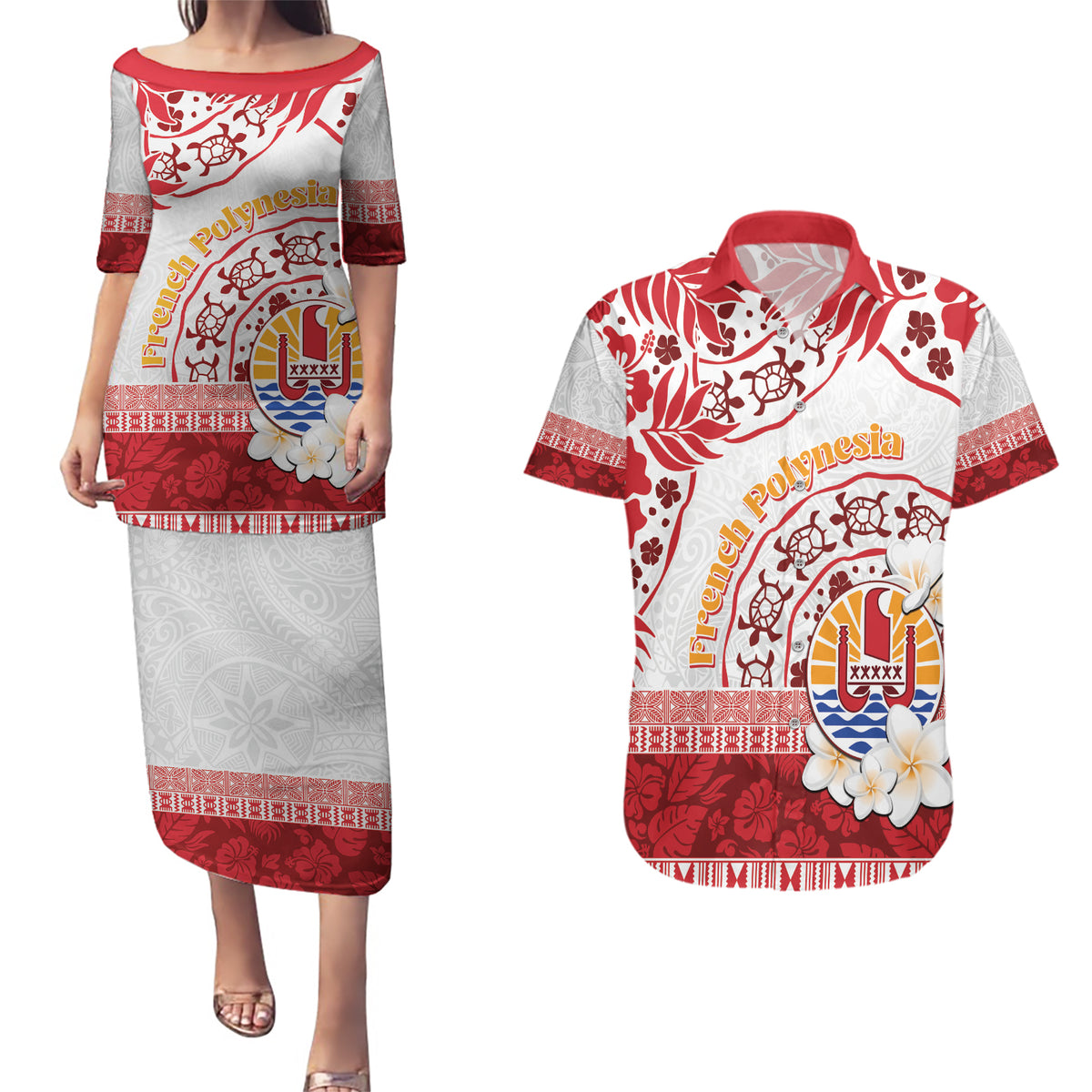 French Polynesia Internal Autonomy Day Couples Matching Puletasi and Hawaiian Shirt Tropical Hibiscus And Turtle Pattern LT05 Red - Polynesian Pride