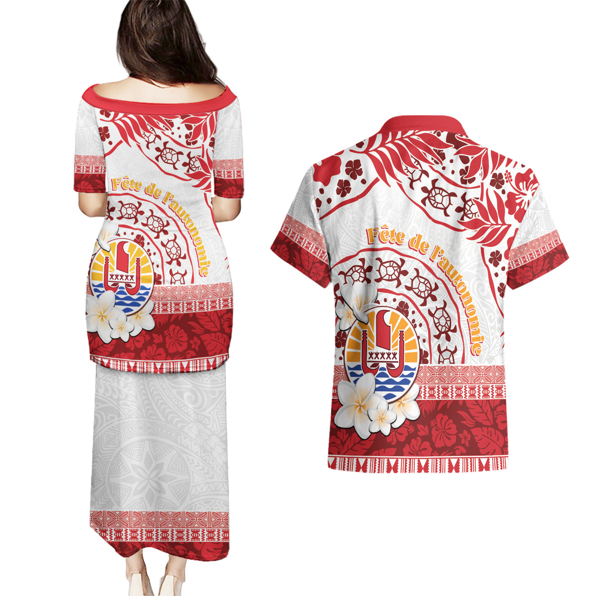 French Polynesia Internal Autonomy Day Couples Matching Puletasi and Hawaiian Shirt Tropical Hibiscus And Turtle Pattern LT05 - Polynesian Pride