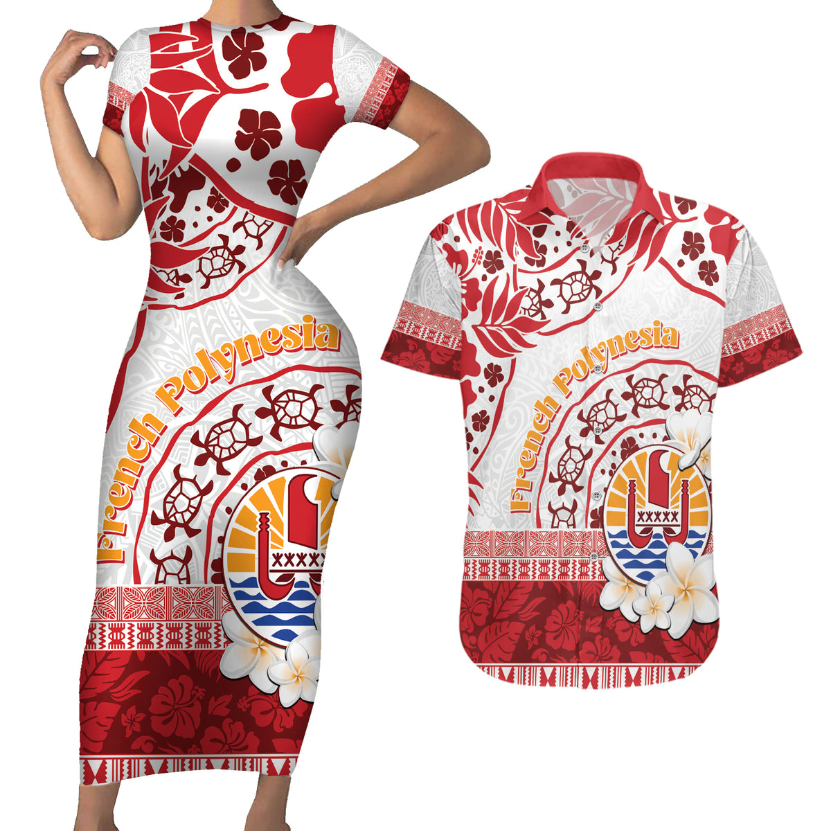 French Polynesia Internal Autonomy Day Couples Matching Short Sleeve Bodycon Dress and Hawaiian Shirt Tropical Hibiscus And Turtle Pattern LT05 Red - Polynesian Pride