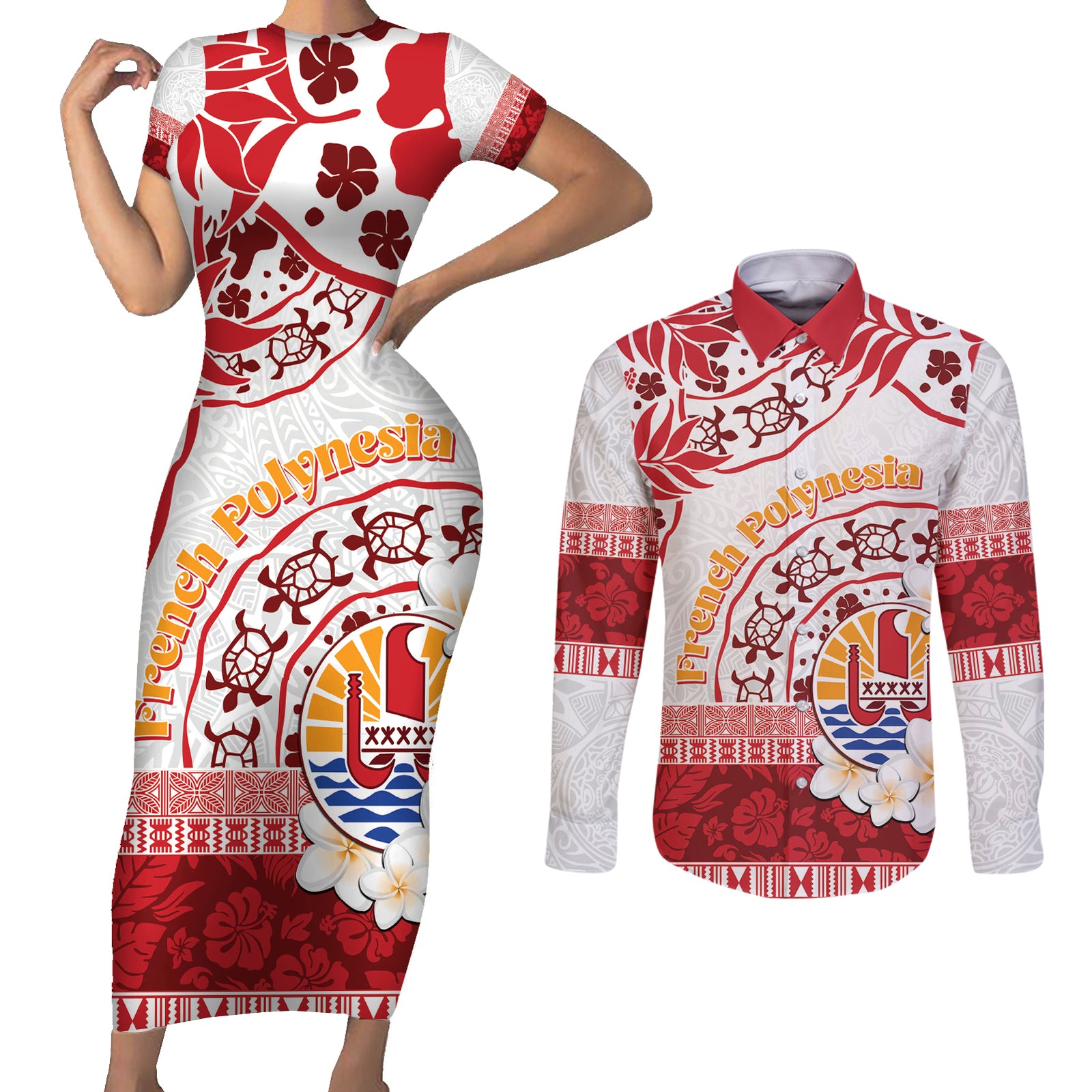 French Polynesia Internal Autonomy Day Couples Matching Short Sleeve Bodycon Dress and Long Sleeve Button Shirt Tropical Hibiscus And Turtle Pattern LT05 Red - Polynesian Pride