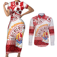 French Polynesia Internal Autonomy Day Couples Matching Short Sleeve Bodycon Dress and Long Sleeve Button Shirt Tropical Hibiscus And Turtle Pattern LT05 Red - Polynesian Pride