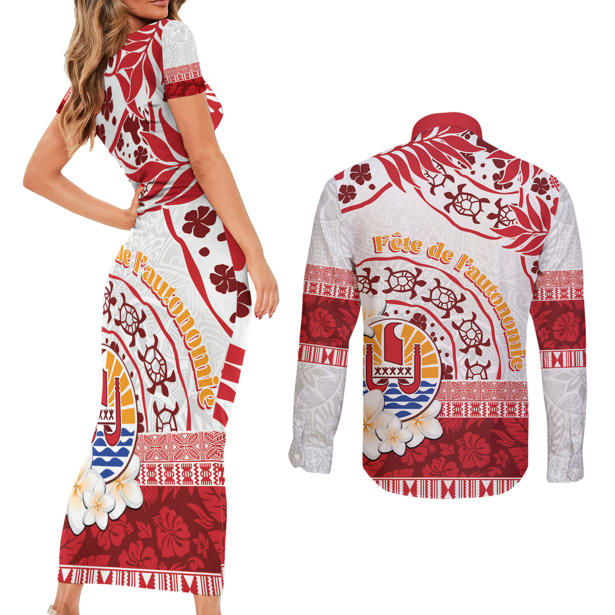 French Polynesia Internal Autonomy Day Couples Matching Short Sleeve Bodycon Dress and Long Sleeve Button Shirt Tropical Hibiscus And Turtle Pattern LT05 - Polynesian Pride