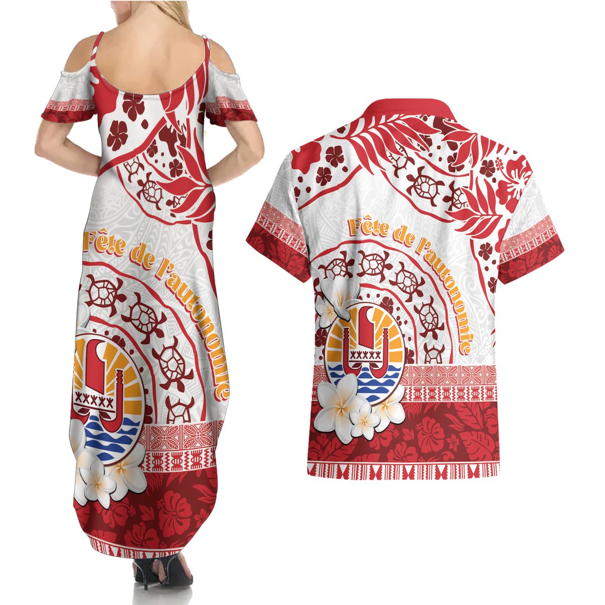 French Polynesia Internal Autonomy Day Couples Matching Summer Maxi Dress and Hawaiian Shirt Tropical Hibiscus And Turtle Pattern LT05 - Polynesian Pride