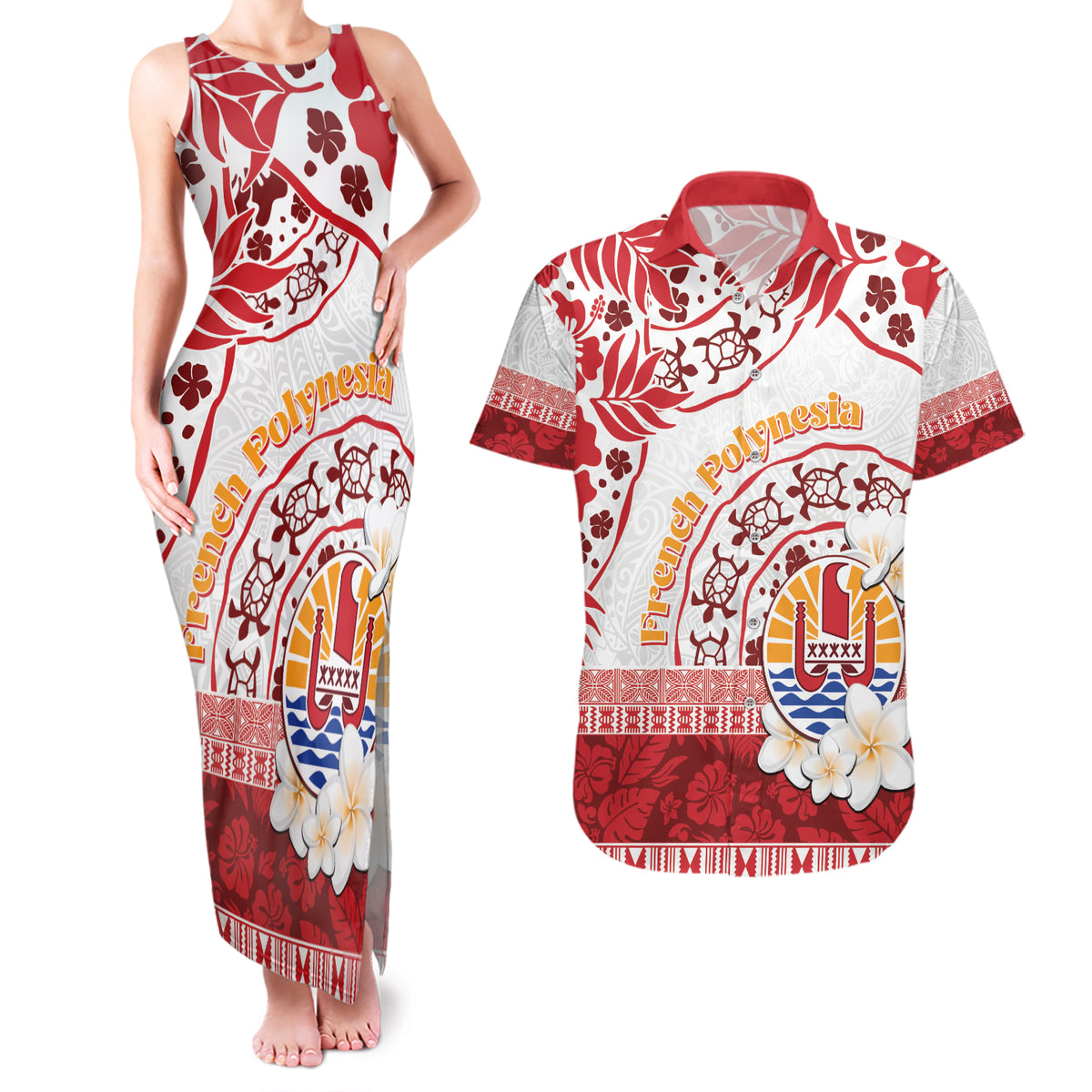 French Polynesia Internal Autonomy Day Couples Matching Tank Maxi Dress and Hawaiian Shirt Tropical Hibiscus And Turtle Pattern LT05 Red - Polynesian Pride