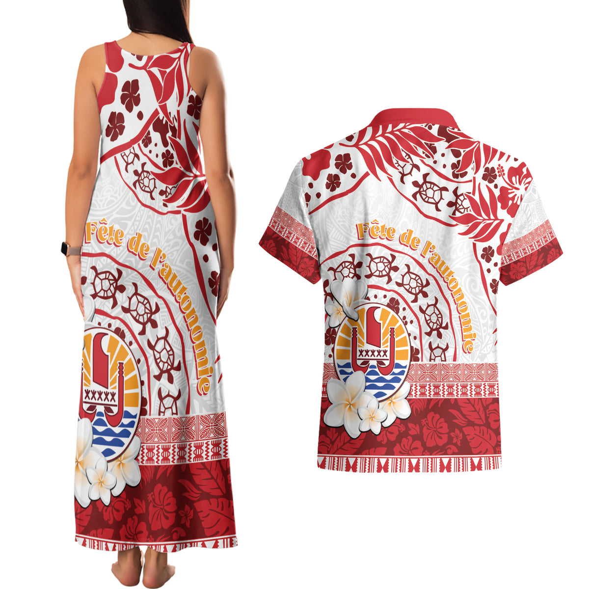 French Polynesia Internal Autonomy Day Couples Matching Tank Maxi Dress and Hawaiian Shirt Tropical Hibiscus And Turtle Pattern LT05 - Polynesian Pride