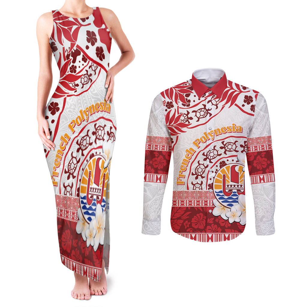French Polynesia Internal Autonomy Day Couples Matching Tank Maxi Dress and Long Sleeve Button Shirt Tropical Hibiscus And Turtle Pattern LT05 Red - Polynesian Pride