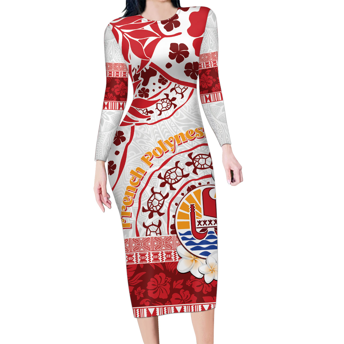 French Polynesia Internal Autonomy Day Family Matching Long Sleeve Bodycon Dress and Hawaiian Shirt Tropical Hibiscus And Turtle Pattern LT05 Mom's Dress Red - Polynesian Pride
