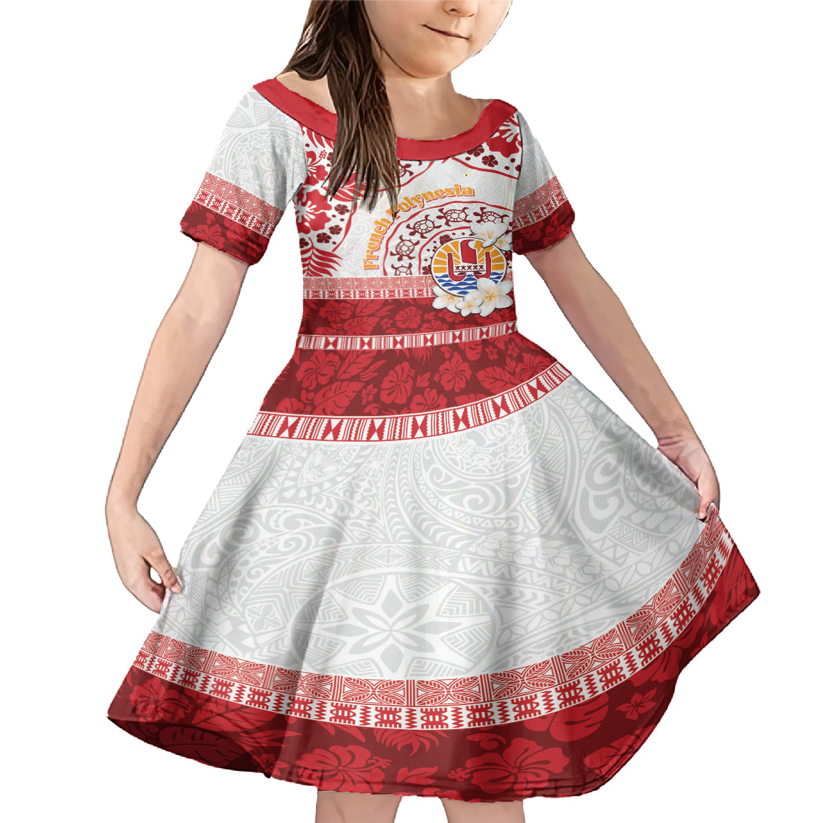 French Polynesia Internal Autonomy Day Family Matching Mermaid Dress and Hawaiian Shirt Tropical Hibiscus And Turtle Pattern LT05 Daughter's Dress Red - Polynesian Pride