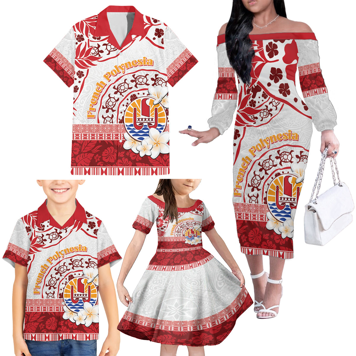 French Polynesia Internal Autonomy Day Family Matching Off The Shoulder Long Sleeve Dress and Hawaiian Shirt Tropical Hibiscus And Turtle Pattern LT05 - Polynesian Pride