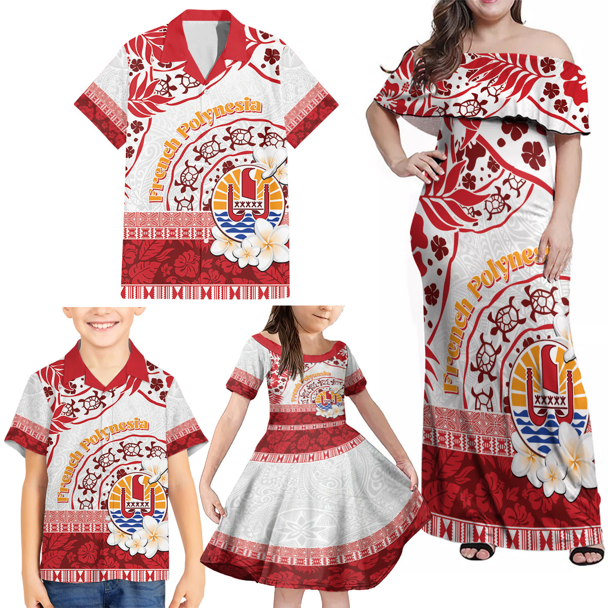 French Polynesia Internal Autonomy Day Family Matching Off Shoulder Maxi Dress and Hawaiian Shirt Tropical Hibiscus And Turtle Pattern LT05 - Polynesian Pride