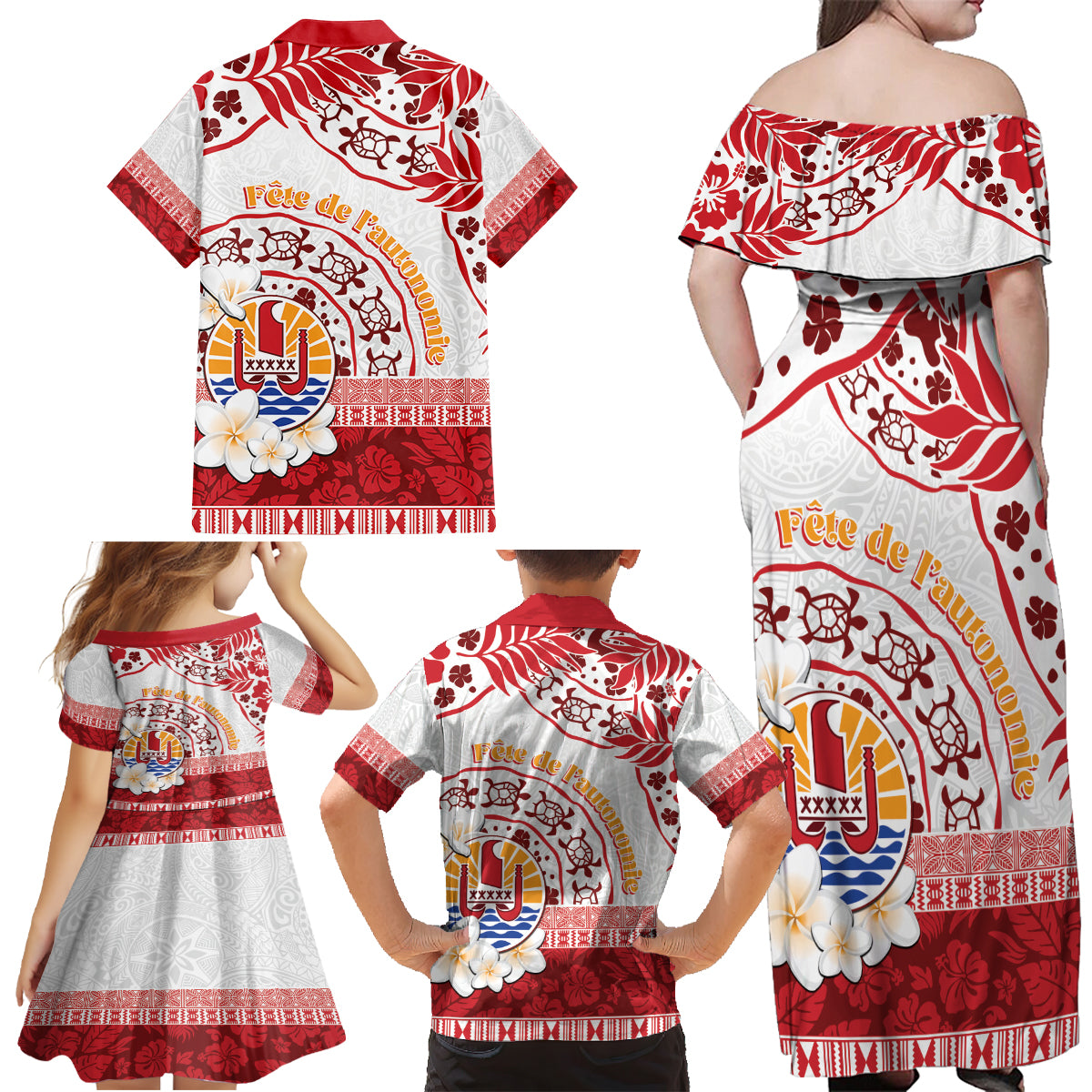 French Polynesia Internal Autonomy Day Family Matching Off Shoulder Maxi Dress and Hawaiian Shirt Tropical Hibiscus And Turtle Pattern LT05 - Polynesian Pride