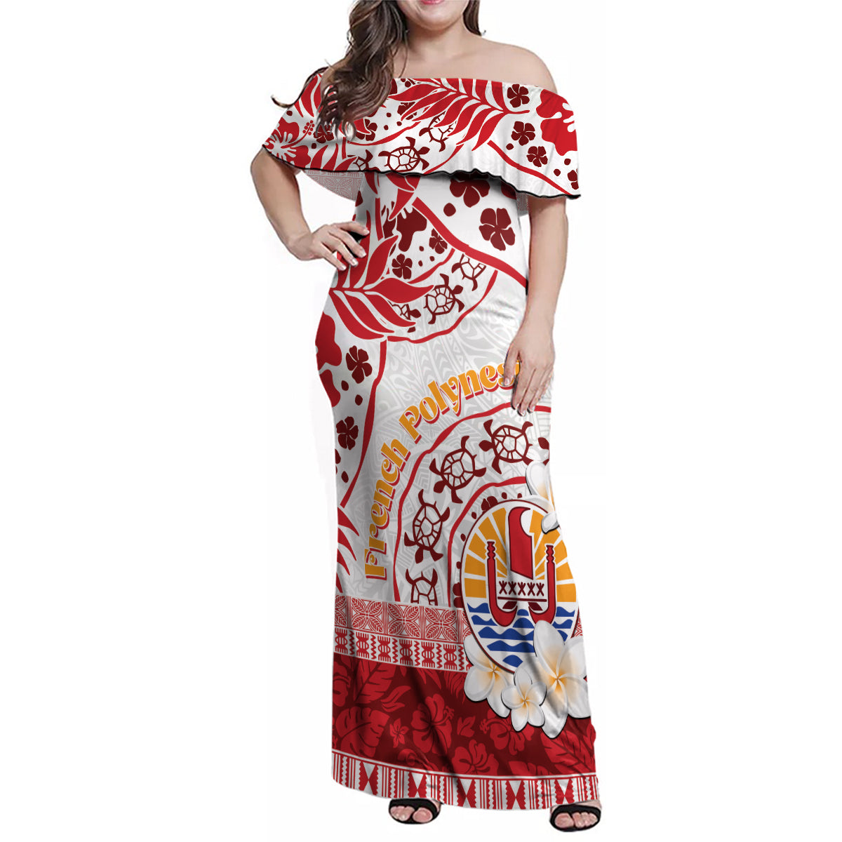 French Polynesia Internal Autonomy Day Family Matching Off Shoulder Maxi Dress and Hawaiian Shirt Tropical Hibiscus And Turtle Pattern LT05 Mom's Dress Red - Polynesian Pride