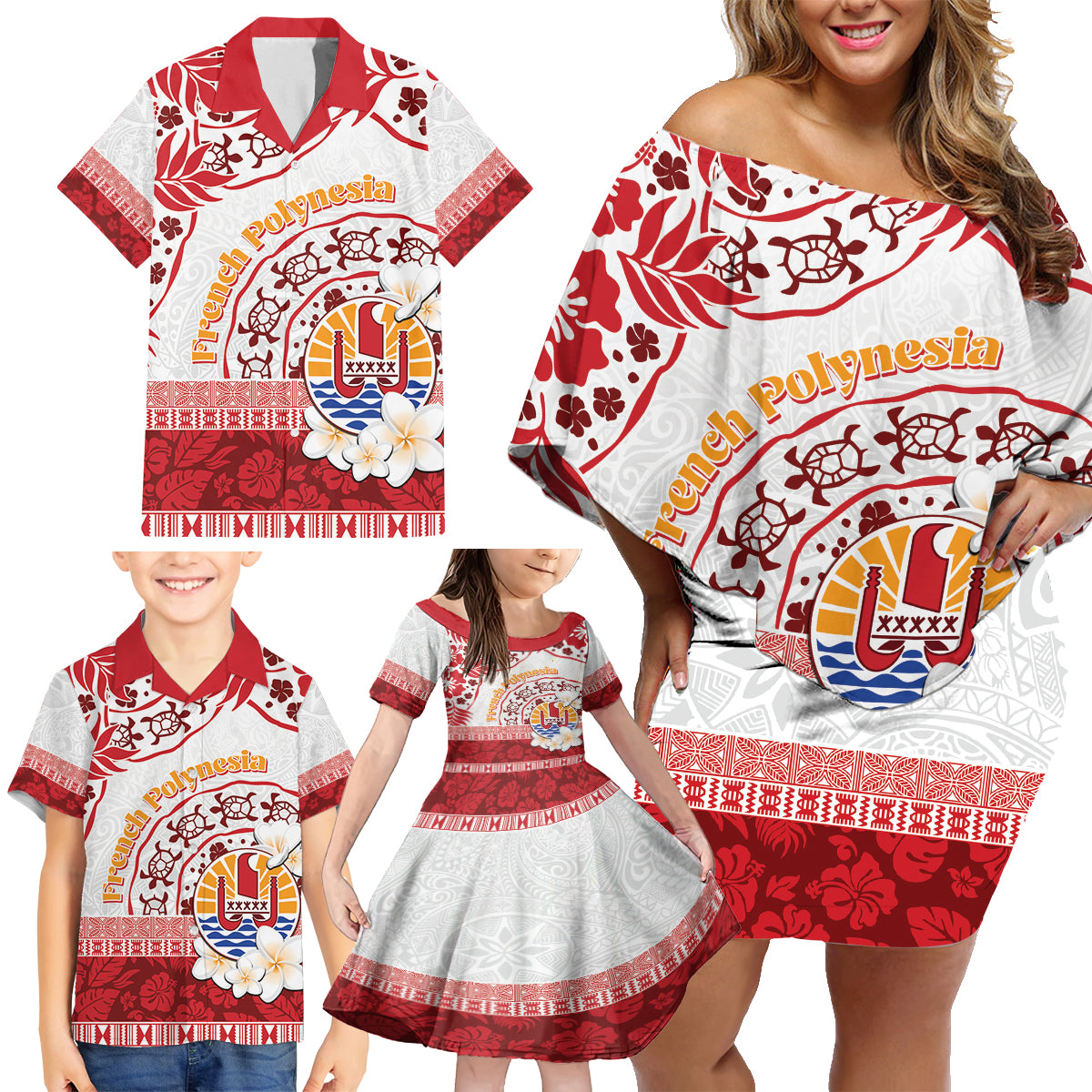 French Polynesia Internal Autonomy Day Family Matching Off Shoulder Short Dress and Hawaiian Shirt Tropical Hibiscus And Turtle Pattern LT05 - Polynesian Pride