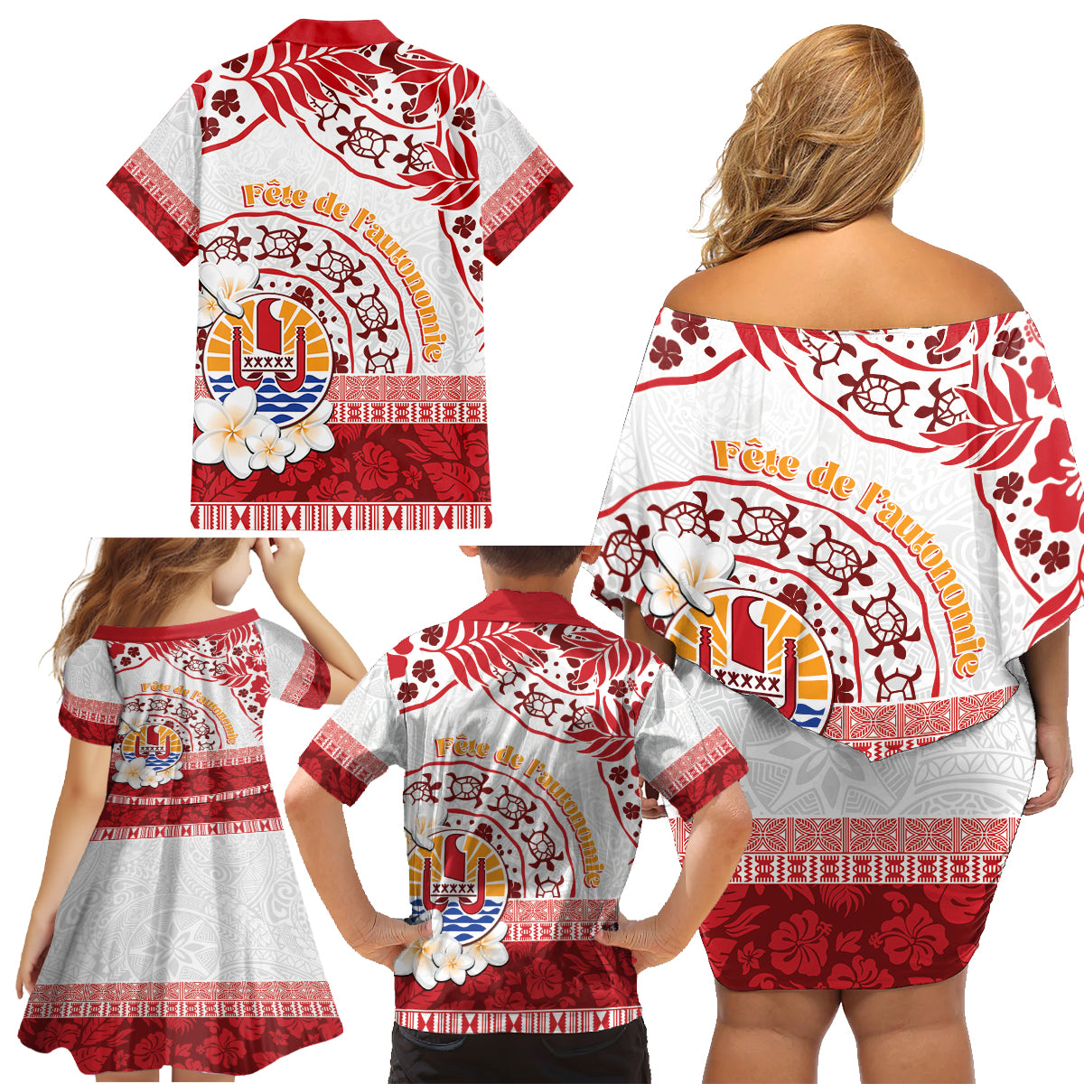 French Polynesia Internal Autonomy Day Family Matching Off Shoulder Short Dress and Hawaiian Shirt Tropical Hibiscus And Turtle Pattern LT05 - Polynesian Pride