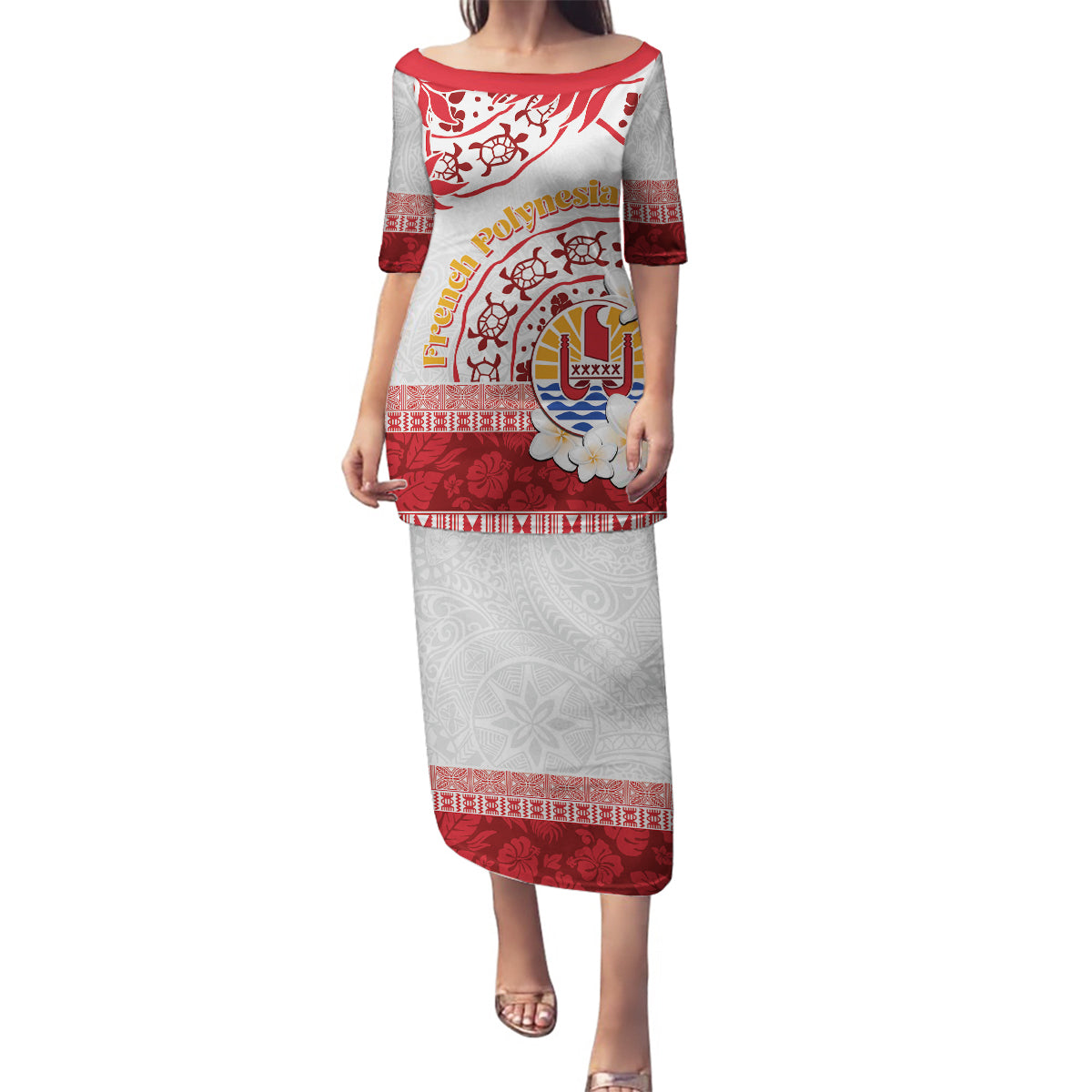 French Polynesia Internal Autonomy Day Family Matching Puletasi and Hawaiian Shirt Tropical Hibiscus And Turtle Pattern LT05 Mom's Dress Red - Polynesian Pride