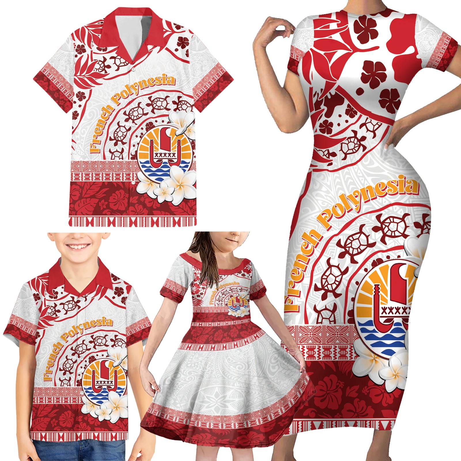 French Polynesia Internal Autonomy Day Family Matching Short Sleeve Bodycon Dress and Hawaiian Shirt Tropical Hibiscus And Turtle Pattern LT05 - Polynesian Pride