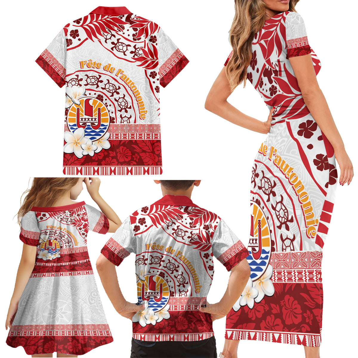 French Polynesia Internal Autonomy Day Family Matching Short Sleeve Bodycon Dress and Hawaiian Shirt Tropical Hibiscus And Turtle Pattern LT05 - Polynesian Pride