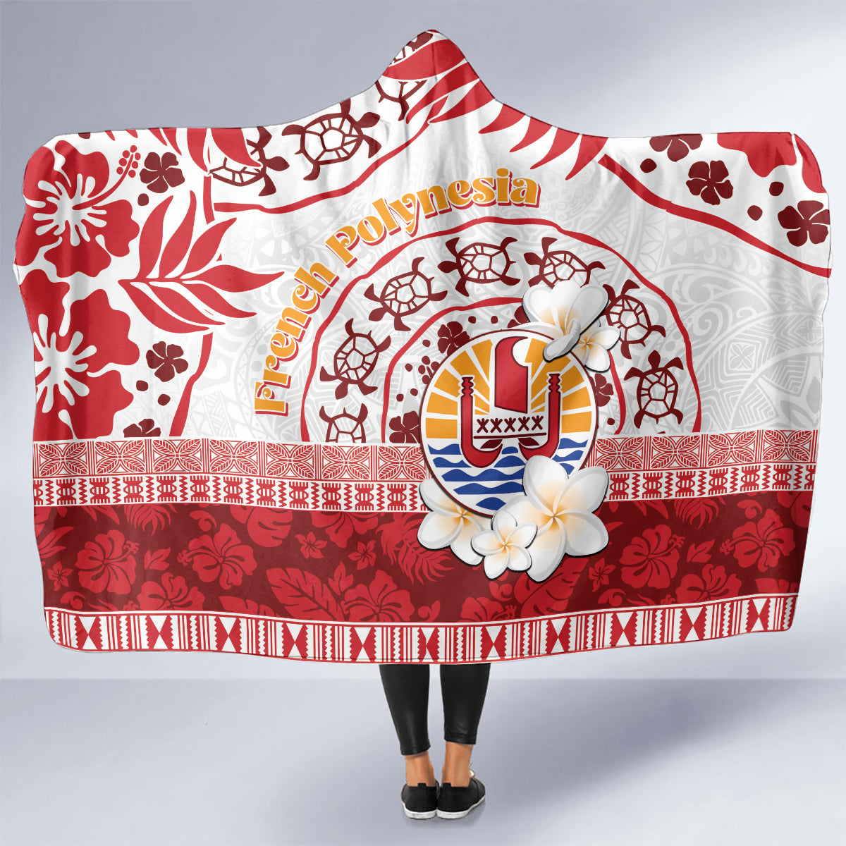 French Polynesia Internal Autonomy Day Hooded Blanket Tropical Hibiscus And Turtle Pattern LT05 - Polynesian Pride