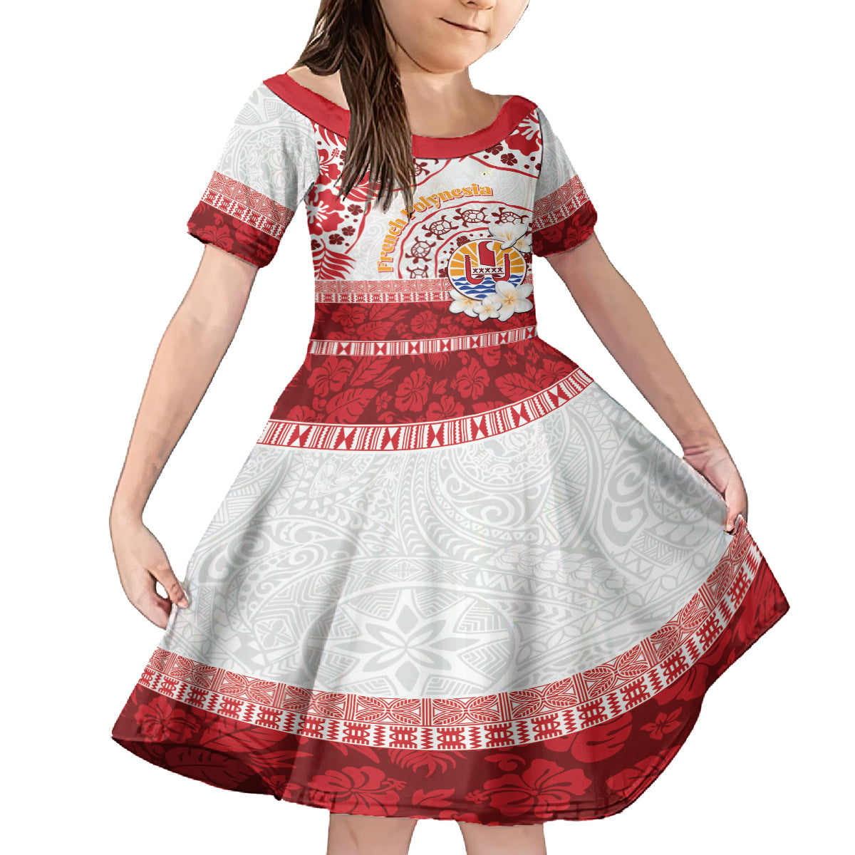 French Polynesia Internal Autonomy Day Kid Short Sleeve Dress Tropical Hibiscus And Turtle Pattern LT05 KID Red - Polynesian Pride