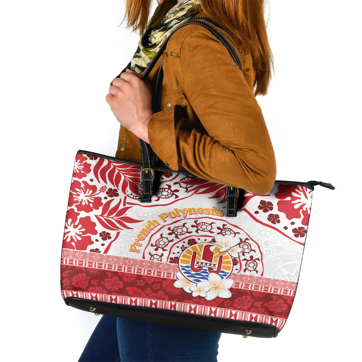 French Polynesia Internal Autonomy Day Leather Tote Bag Tropical Hibiscus And Turtle Pattern LT05 Red - Polynesian Pride