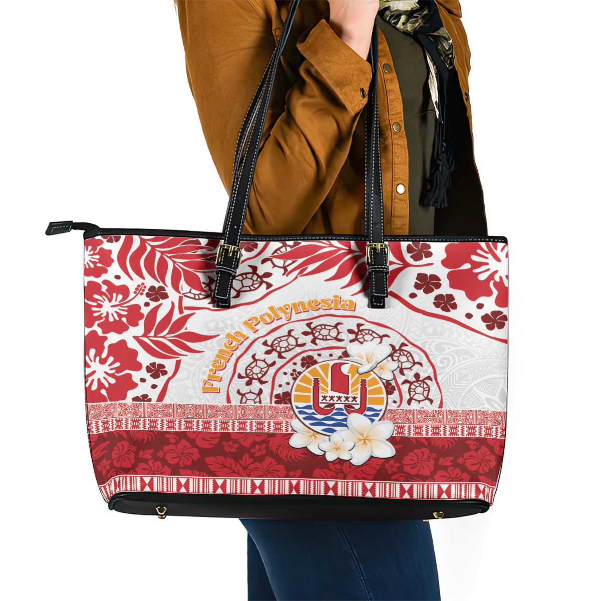 French Polynesia Internal Autonomy Day Leather Tote Bag Tropical Hibiscus And Turtle Pattern LT05 - Polynesian Pride