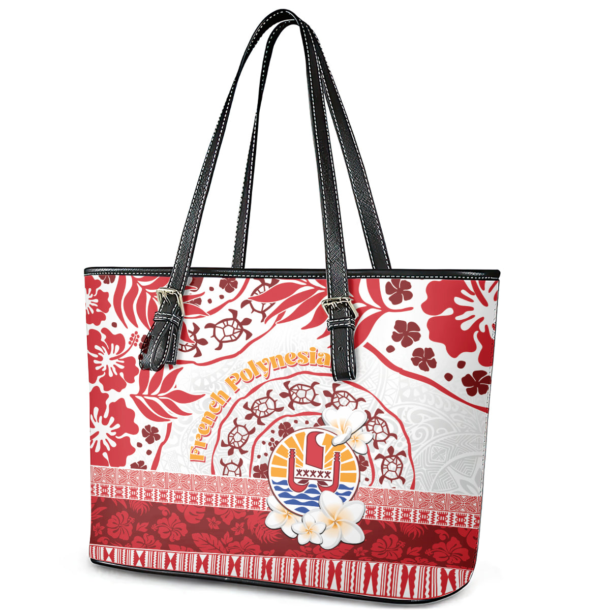 French Polynesia Internal Autonomy Day Leather Tote Bag Tropical Hibiscus And Turtle Pattern LT05 - Polynesian Pride
