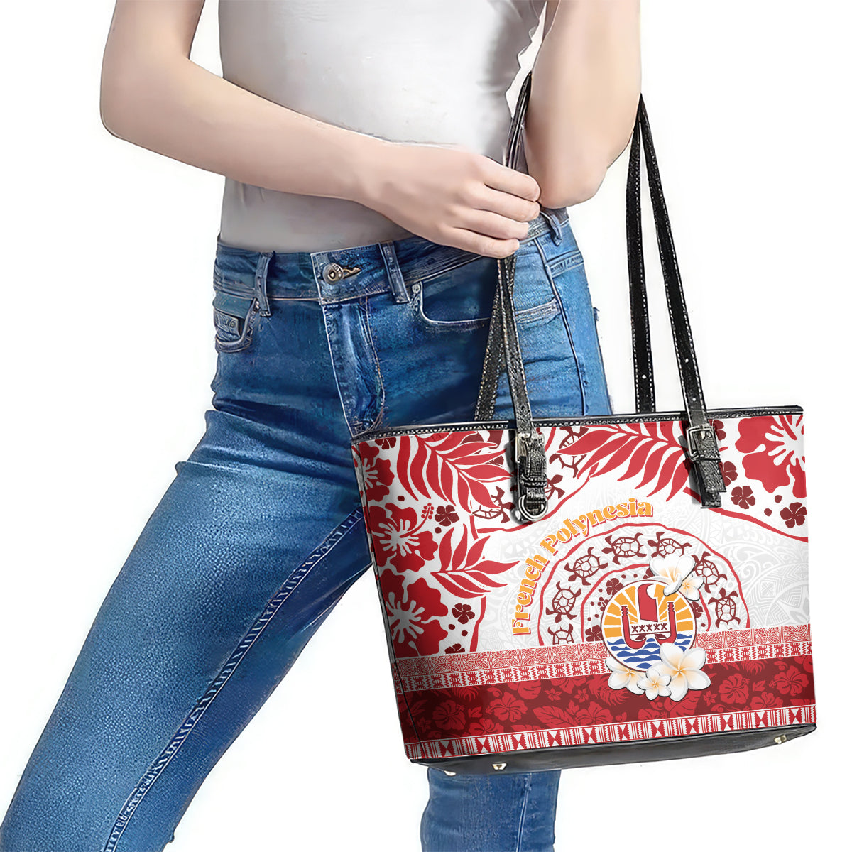 French Polynesia Internal Autonomy Day Leather Tote Bag Tropical Hibiscus And Turtle Pattern LT05 - Polynesian Pride