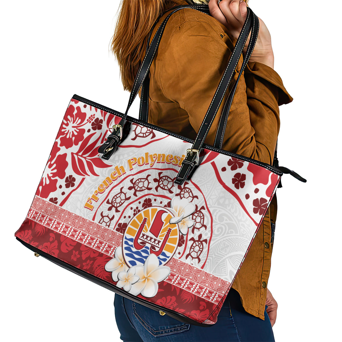 French Polynesia Internal Autonomy Day Leather Tote Bag Tropical Hibiscus And Turtle Pattern LT05 - Polynesian Pride