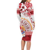 French Polynesia Internal Autonomy Day Long Sleeve Bodycon Dress Tropical Hibiscus And Turtle Pattern
