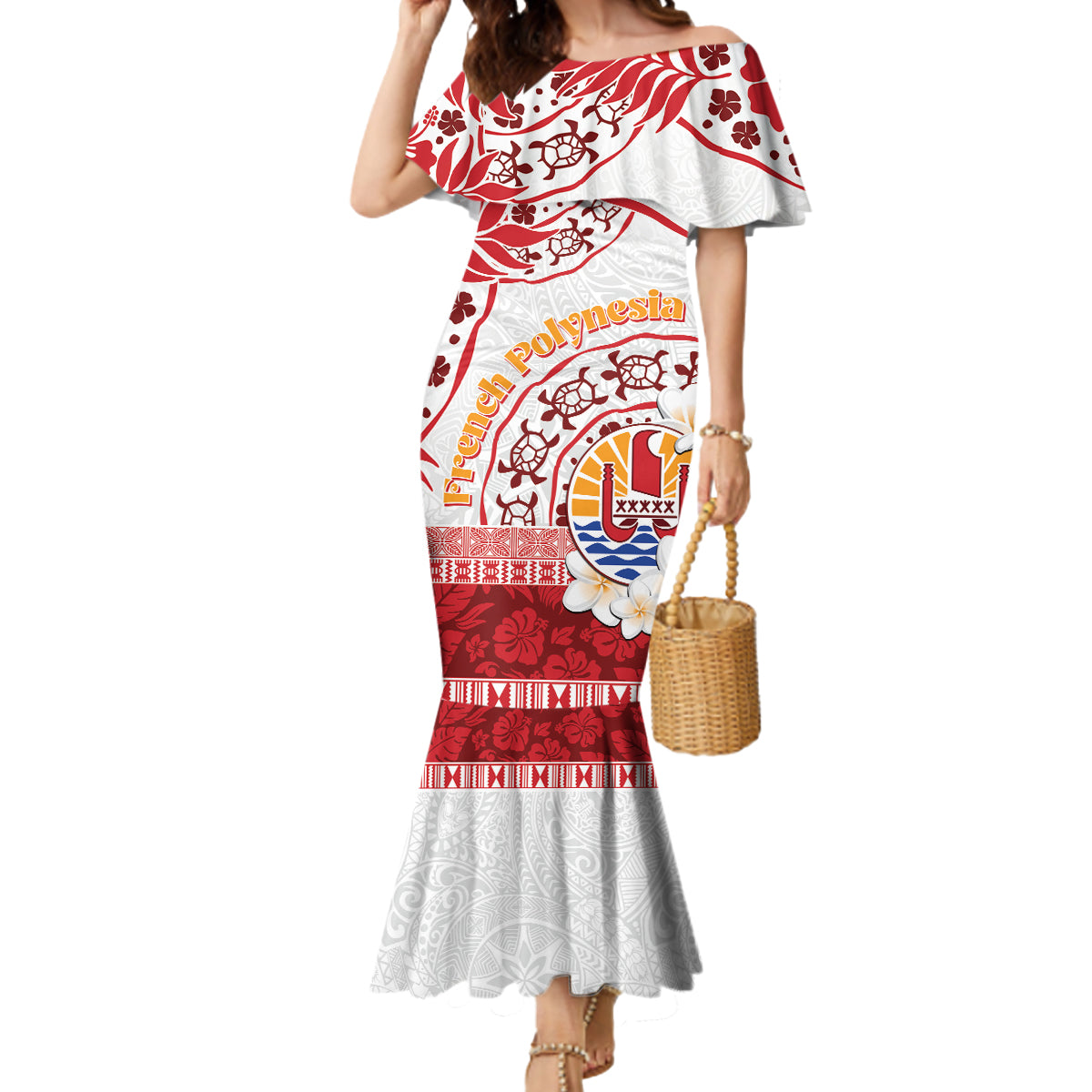 French Polynesia Internal Autonomy Day Mermaid Dress Tropical Hibiscus And Turtle Pattern