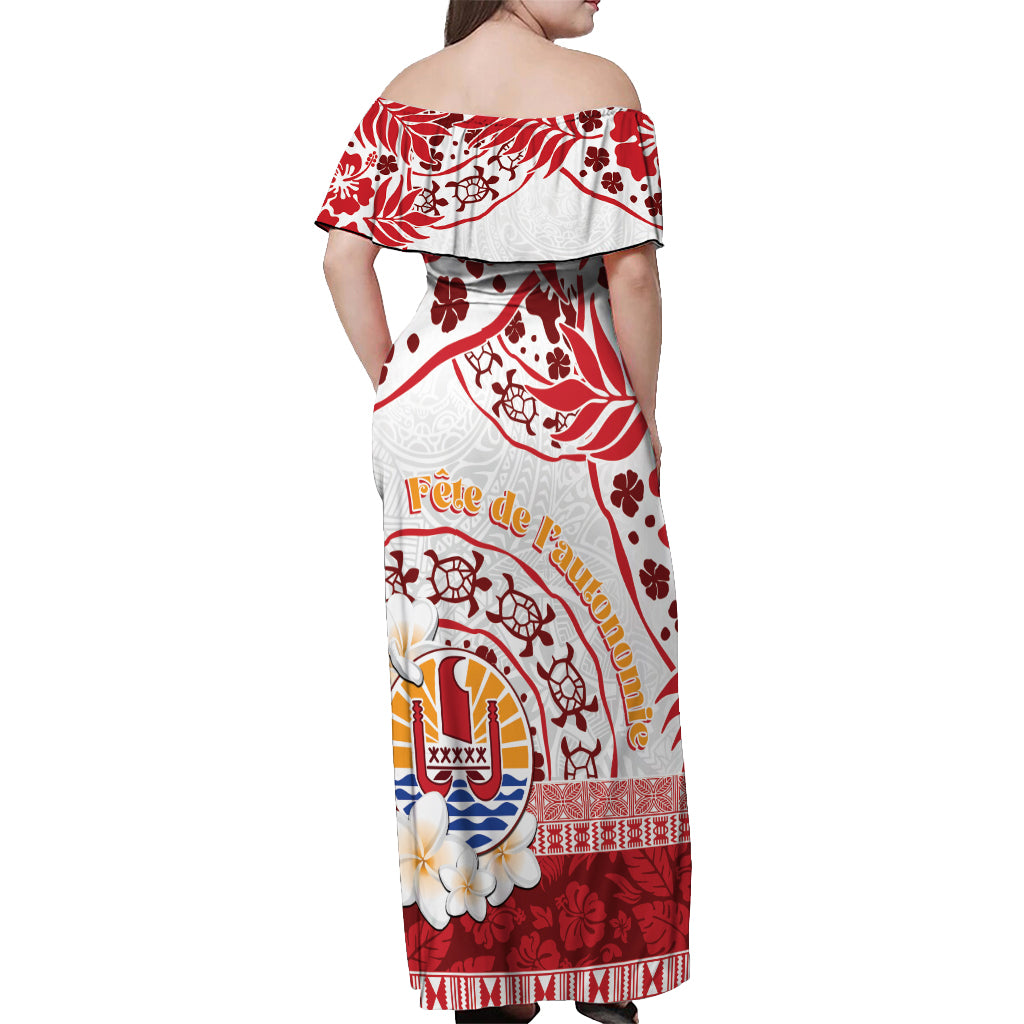 French Polynesia Internal Autonomy Day Off Shoulder Maxi Dress Tropical Hibiscus And Turtle Pattern LT05 - Polynesian Pride