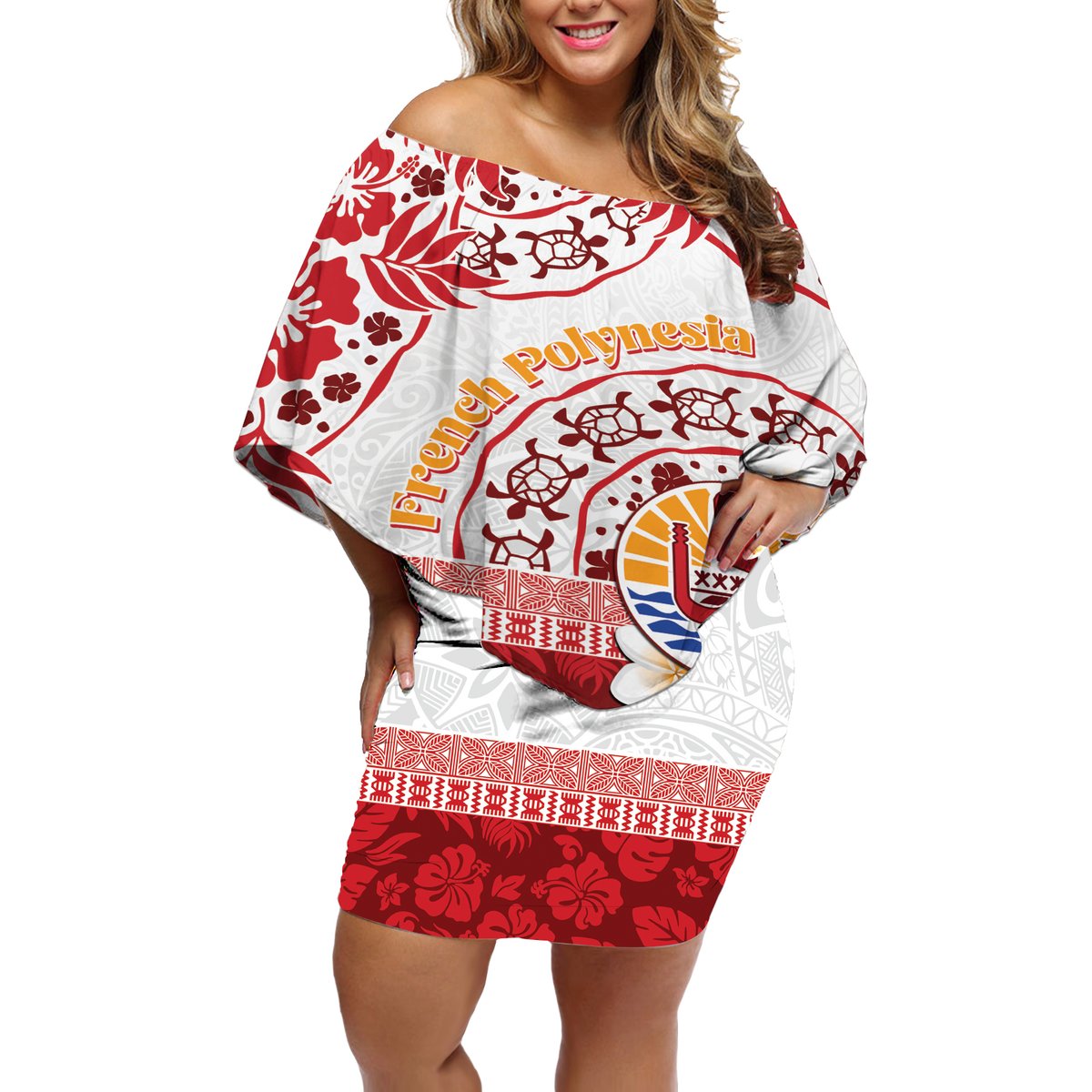 French Polynesia Internal Autonomy Day Off Shoulder Short Dress Tropical Hibiscus And Turtle Pattern LT05 Women Red - Polynesian Pride