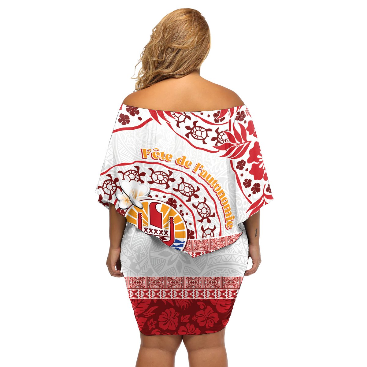 French Polynesia Internal Autonomy Day Off Shoulder Short Dress Tropical Hibiscus And Turtle Pattern LT05 - Polynesian Pride