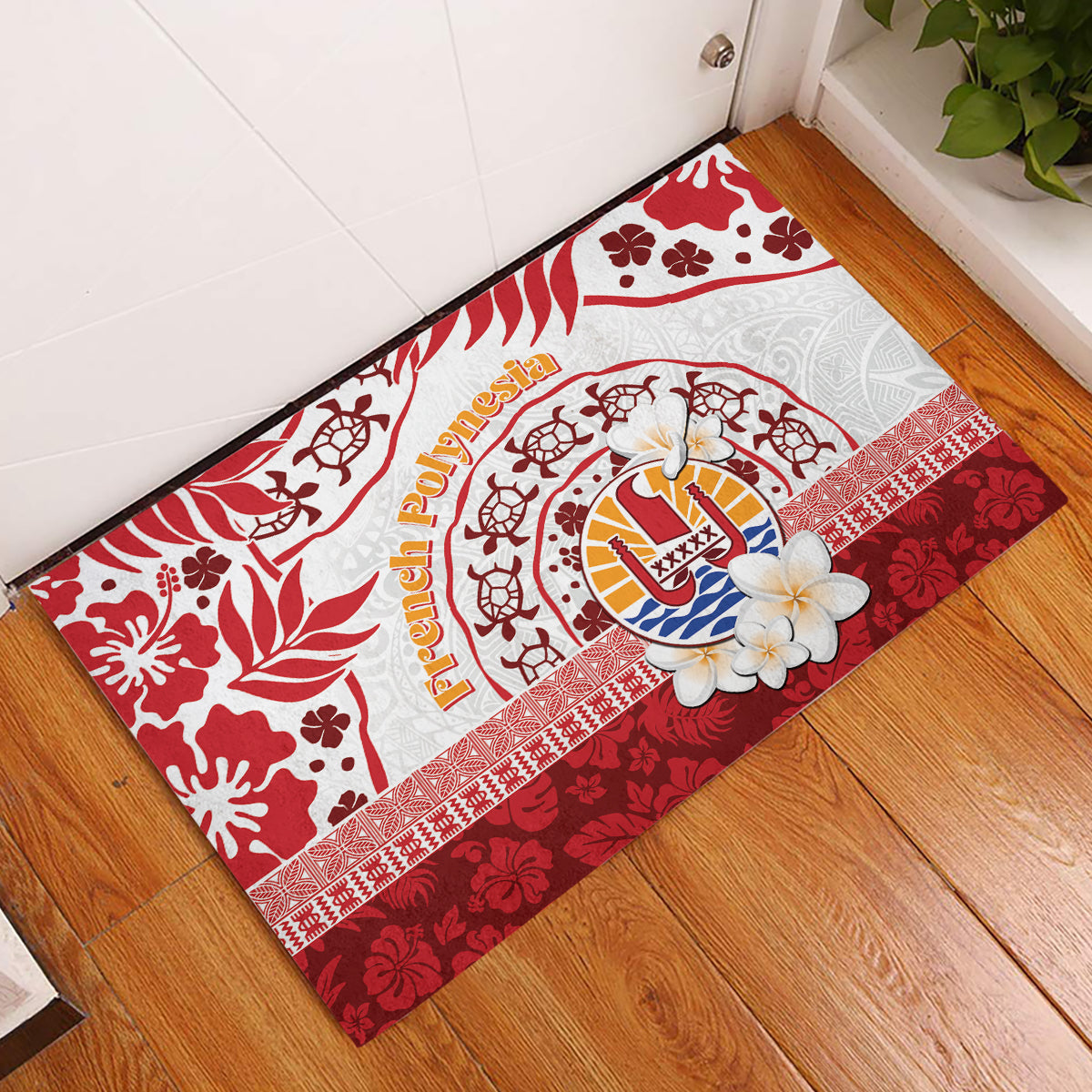 French Polynesia Internal Autonomy Day Rubber Doormat Tropical Hibiscus And Turtle Pattern LT05 Red - Polynesian Pride