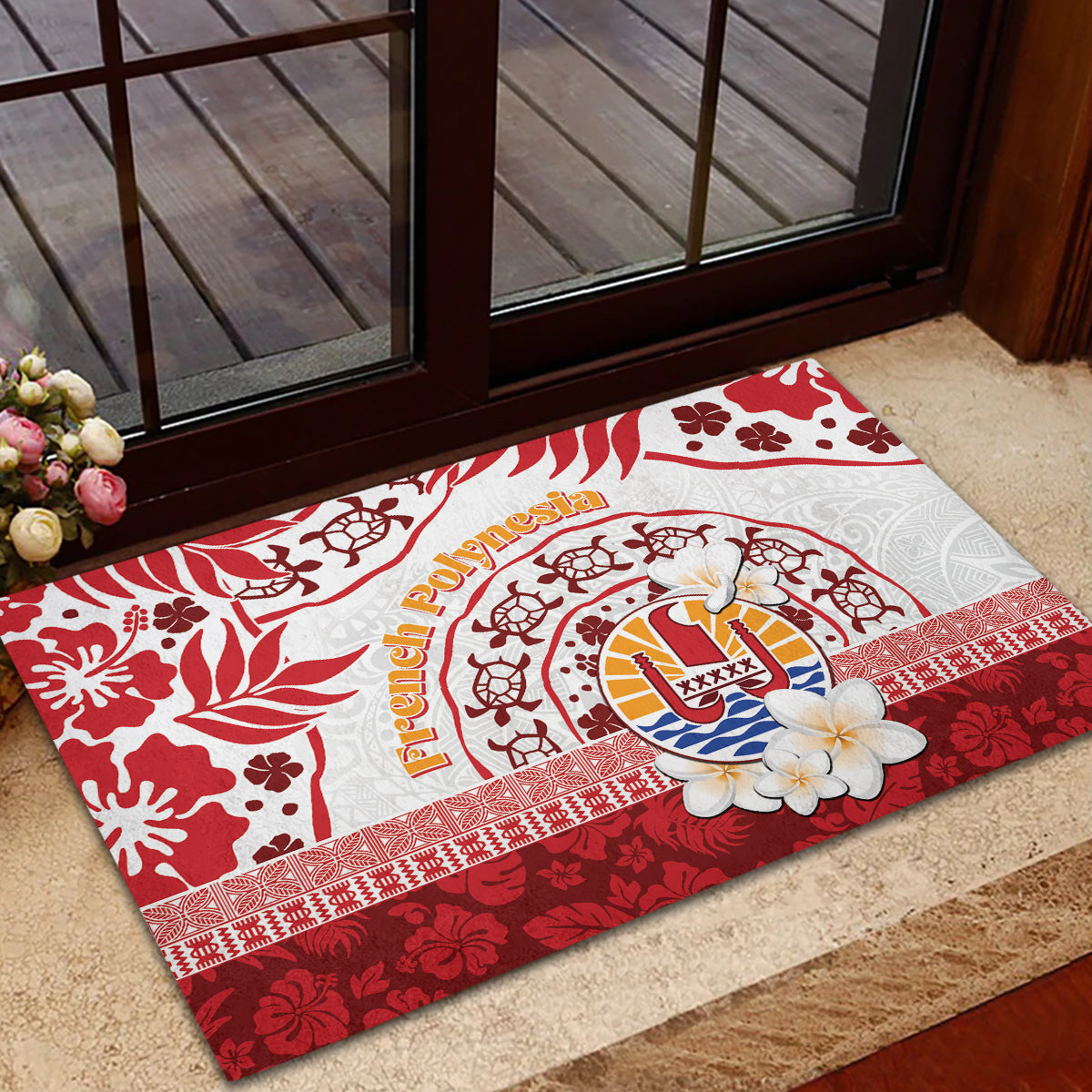 French Polynesia Internal Autonomy Day Rubber Doormat Tropical Hibiscus And Turtle Pattern LT05 - Polynesian Pride