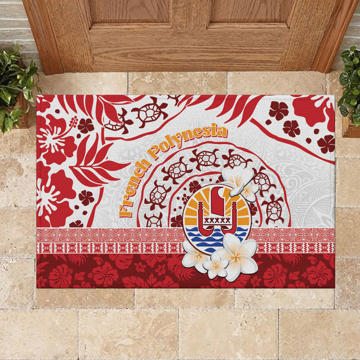 French Polynesia Internal Autonomy Day Rubber Doormat Tropical Hibiscus And Turtle Pattern LT05 - Polynesian Pride