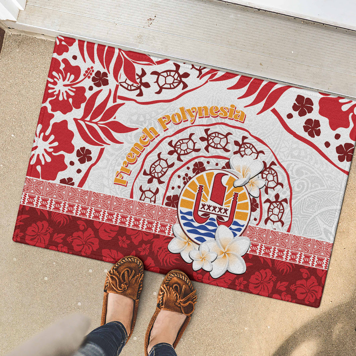 French Polynesia Internal Autonomy Day Rubber Doormat Tropical Hibiscus And Turtle Pattern LT05 - Polynesian Pride